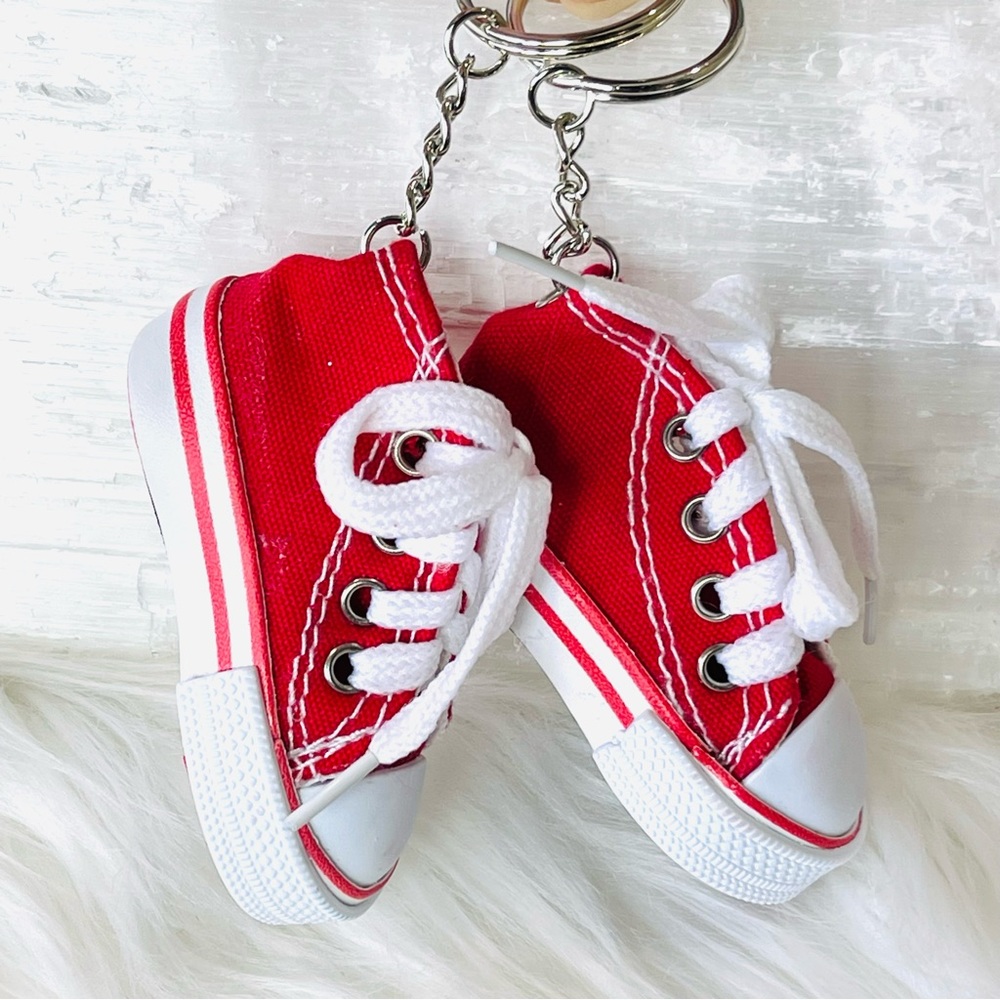 MINI SNEAKER KEYRINGS 2 RED his & hers running shoes Athlete Trainers - Picture 2 of 4